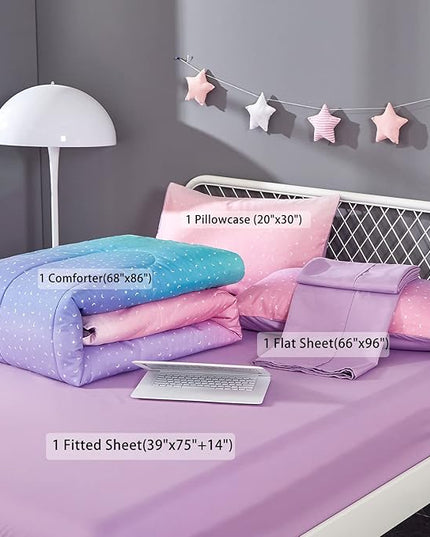 Pink Glitter Comforter Set for Teen Girls Women,Twin Size 4 Piece Bed in A Bag,Metallic Star Moon Printed Rainbow Comforter and Sheets,Ultra Soft Microfiber All Season Bedding Set(Twin,Green) - LeafyLoom