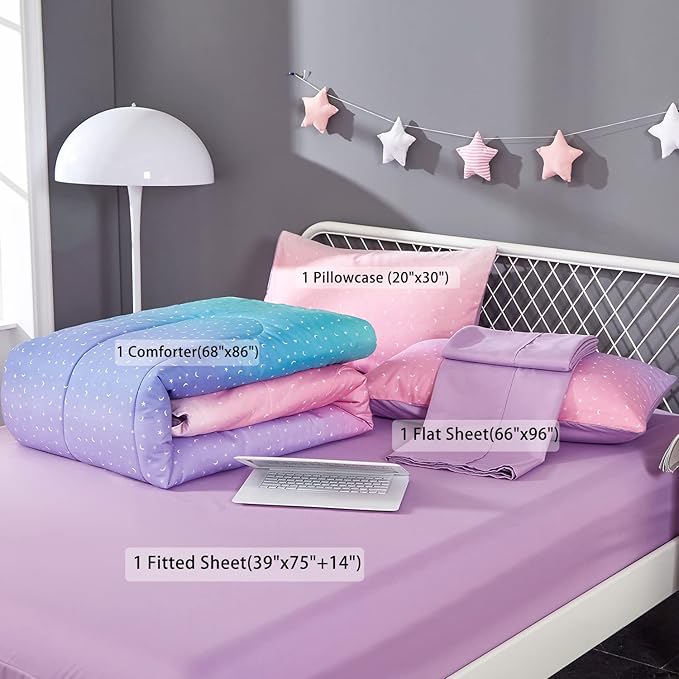 Pink Glitter Comforter Set for Teen Girls Women,Twin Size 4 Piece Bed in A Bag,Metallic Star Moon Printed Rainbow Comforter and Sheets,Ultra Soft Microfiber All Season Bedding Set(Twin,Green) - LeafyLoom