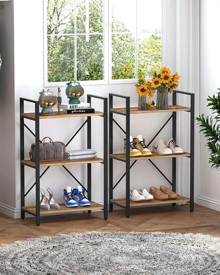 BON AUGURE Industrial 3 Tier Bookshelf, Rustic Small Book Shelves for Small Spaces, Short Wood Metal Etagere Bookcase for Living Room, Bedroom and Office (Vintage Oak) - LeafyLoom