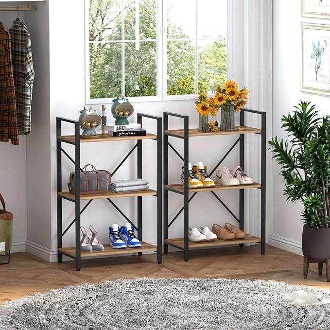 BON AUGURE Industrial 3 Tier Bookshelf, Rustic Small Book Shelves for Small Spaces, Short Wood Metal Etagere Bookcase for Living Room, Bedroom and Office (Vintage Oak) - LeafyLoom