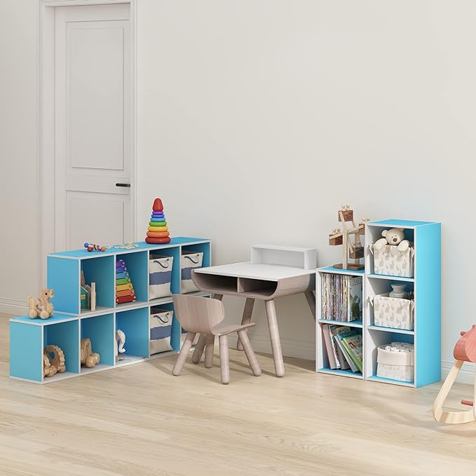 Furinno Luder Bookcase / Book / Storage, 5-Tier Cube, Light Blue/White - LeafyLoom