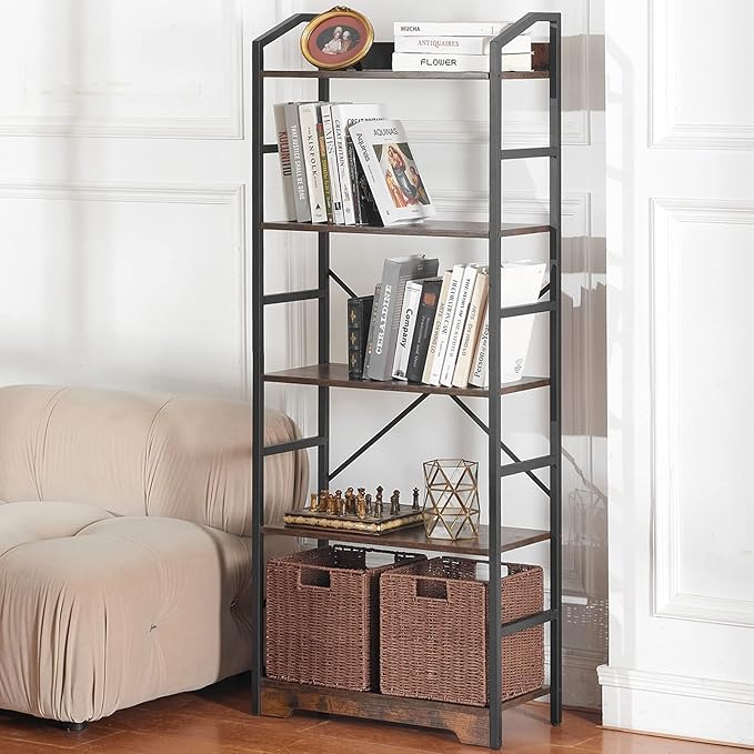Vagusicc 5 Tier Bookshelf with 2 Storage Baskets, Tall Bookcase Shelf Storage Organizer Wood Book Shelf, Modern Shelf Rack Shelves with Steel Frame, Multipurpose Bookshelf for Bedroom Living Room - LeafyLoom