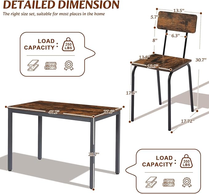 Dining Table Set for 4, 5-Piece Set Industrial Metal Wood 43.3" Kitchen Dining Table with 4 Dining Chairs, Indoor Modern Furniture Set for Dining Room, Dinette, Breakfast Nook, Rustic Brown - LeafyLoom
