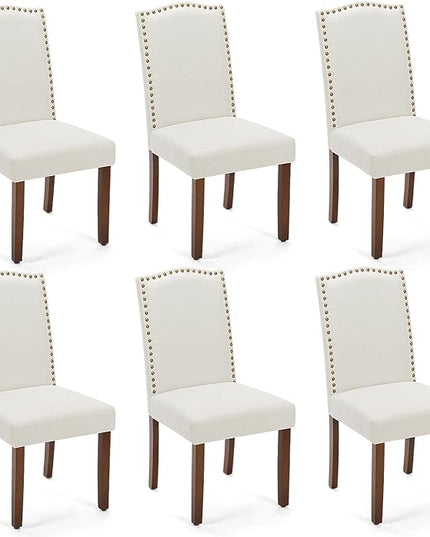 MCQ Upholstered Dining Chairs Set of 6, Modern Upholstered Fabric Dining Room Chair with Nailhead Trim and Wood Legs, Mid-Century Accent Dinner Chair for Living Room, Kitchen, Beige - LeafyLoom