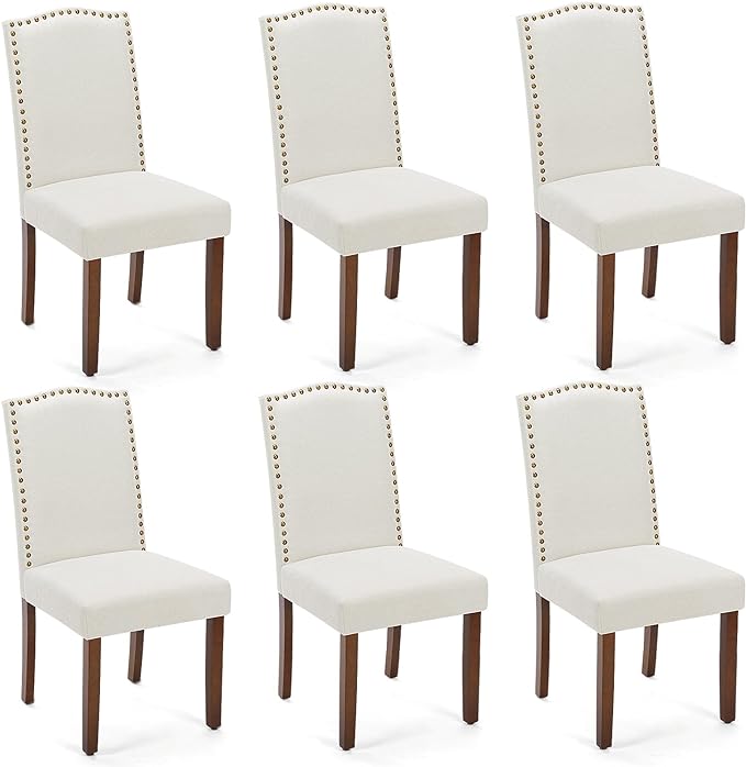MCQ Upholstered Dining Chairs Set of 6, Modern Upholstered Fabric Dining Room Chair with Nailhead Trim and Wood Legs, Mid-Century Accent Dinner Chair for Living Room, Kitchen, Beige - LeafyLoom