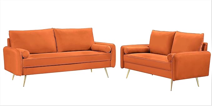 Kent Modern Sofa, European Style Velvet Living Room Furniture with Tapered Legs, Vintage Flair, and Sleek Design, Orange - LeafyLoom