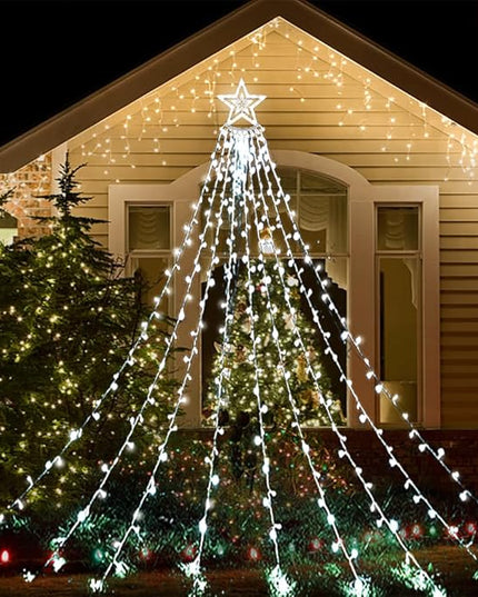 Aokudoni Christmas Decorations Outside, 12.6FT 350 LED 8 Modes Star Christmas Lights Outdoor, Christmas Lights for House Yard Porch Holiday Decoration, Cool White Aokudoni