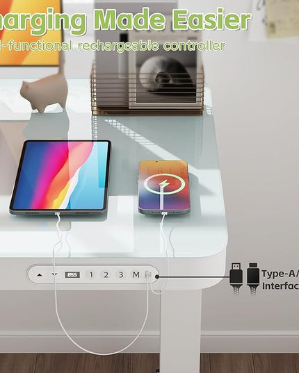 Electric Standing Desk with Drawer, 48 x 24 inches with Preassembled Top & USB Charging Ports, Height Adjustable for Home & Office, White Glass - LeafyLoom