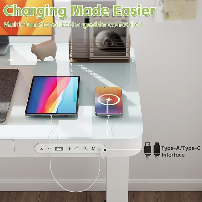Electric Standing Desk with Drawer, 48 x 24 inches with Preassembled Top & USB Charging Ports, Height Adjustable for Home & Office, White Glass - LeafyLoom