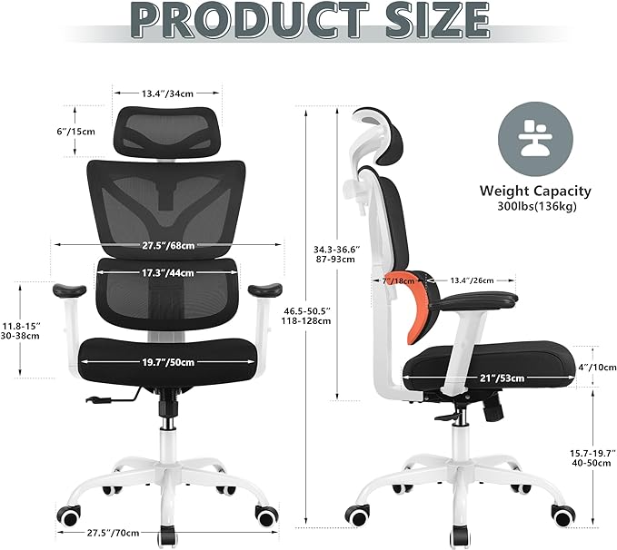 Office Chair Ergonomic Desk Chair, High Back Gaming Chair, Big and Tall Reclining chair Comfy Home Office Desk Chair Lumbar Support Breathable Mesh Computer Chair Adjustable Armrests(W-Orange) - LeafyLoom