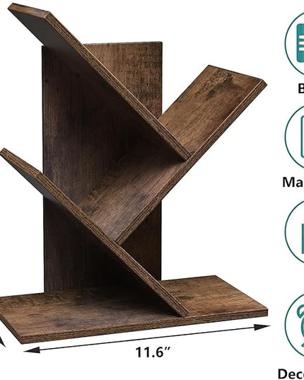 3 Tier Small Tree Bookshelf Desk Book Organizer Narrow Bookcases for Books Magazines CDs Free Standing Retro Wooden Storage Shelves for Home Office Bedroom Living Room Rustic Brown - LeafyLoom