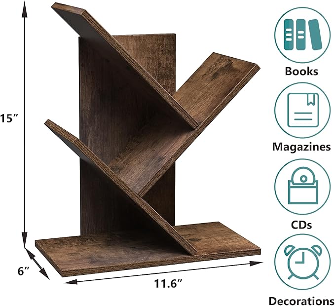 3 Tier Small Tree Bookshelf Desk Book Organizer Narrow Bookcases for Books Magazines CDs Free Standing Retro Wooden Storage Shelves for Home Office Bedroom Living Room Rustic Brown - LeafyLoom