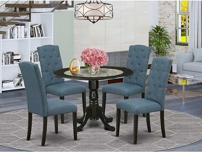 East West Furniture DLCE5-BLK-21 Dublin 5 Piece Kitchen Set Includes a Round Dining Table with Dropleaf and 4 Mineral Blue Linen Fabric Upholstered Chairs, 42x42 Inch, Black - LeafyLoom