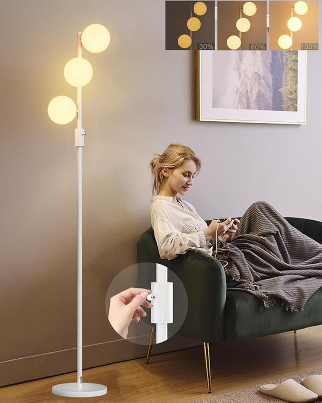 64IN Dimmable White Floor Lamp, Tall Standing Lamps with 3 Globe Soft Warm White Eye Care 3000K G9 Bulbs, Mid Century Modern Floor Lamp for Bedroom Office - LeafyLoom