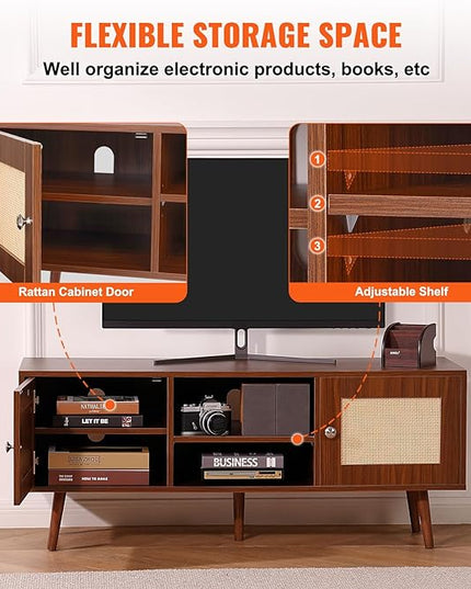 VEVOR Rattan TV Stand, Boho TV Cabinet for 55 inch TV, Mid Century Modern TV Stand, Rattan TV Console with Adjustable Shelfs for Living Room, Media Room, Walnut - LeafyLoom