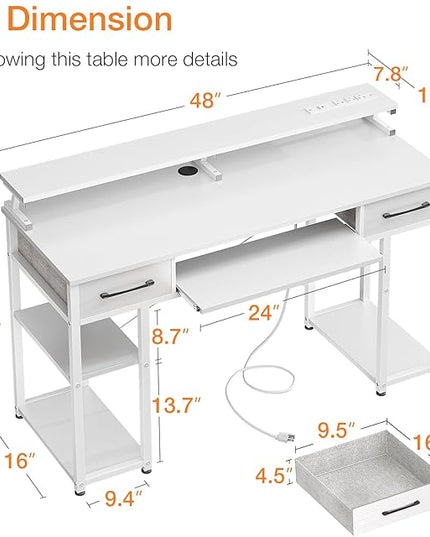 ODK Computer Desk with Drawers & Power Outlet, 48 Inch Office Desk with Keyboard Tray & Storage Shelves & PC Stand, Office Table Work Desk with Monitor Stand, White - LeafyLoom