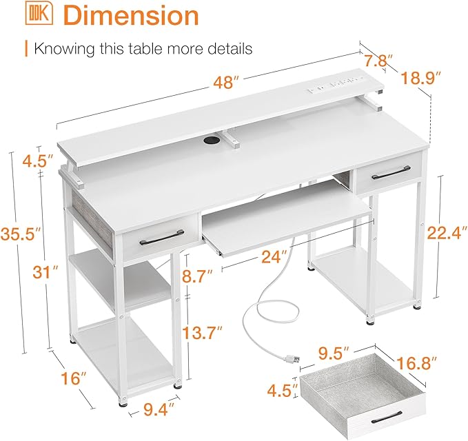 ODK Computer Desk with Drawers & Power Outlet, 48 Inch Office Desk with Keyboard Tray & Storage Shelves & PC Stand, Office Table Work Desk with Monitor Stand, White - LeafyLoom