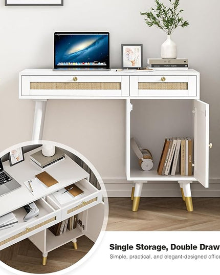 Anmytek Rattan Vanity Desk with Drawers and Storage, White Makeup Vanity Table Modern Home Office Desk Computer Desk for Study D0006 - LeafyLoom