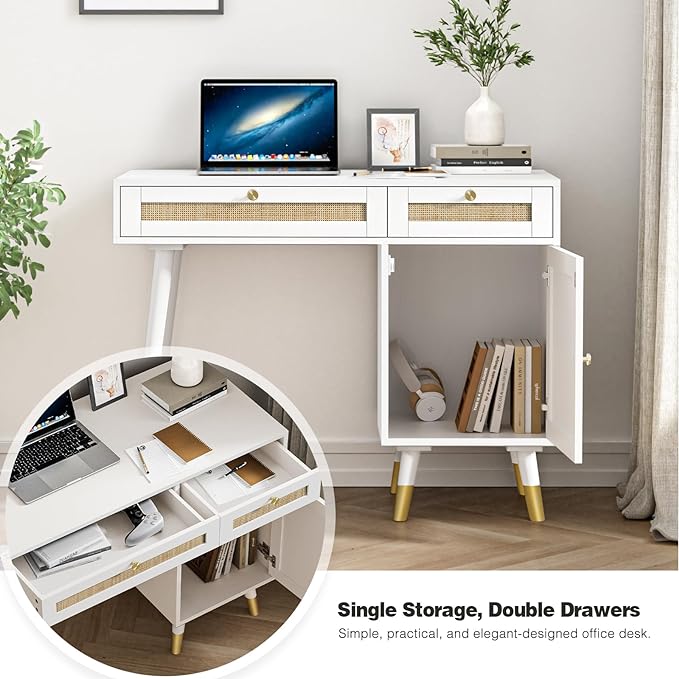 Anmytek Rattan Vanity Desk with Drawers and Storage, White Makeup Vanity Table Modern Home Office Desk Computer Desk for Study D0006 - LeafyLoom