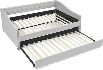 Upholstered Full Size Daybed with Twin Trundle, Solid Wooden Bed Frame w/Button Tufted Backrest and Copper Nail on Waved Shape Arms, No Spring Box Need, Space-Saving Design - LeafyLoom