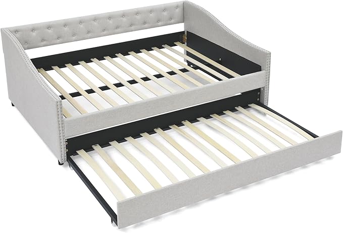 Upholstered Full Size Daybed with Twin Trundle, Solid Wooden Bed Frame w/Button Tufted Backrest and Copper Nail on Waved Shape Arms, No Spring Box Need, Space-Saving Design - LeafyLoom