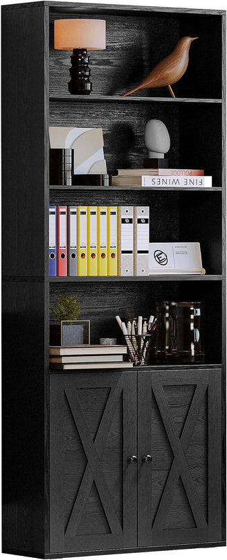 IRONCK Industrial Bookshelves and Bookcases with Doors Floor Standing 6 Shelf Display Storage Shelves 70 in Tall Bookcase for Home Office, Living Room - LeafyLoom
