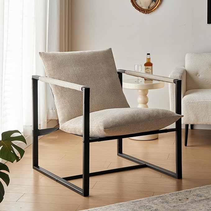 Wimarsbon Modern Accent Chair, Mid Century Sitting Chair with Sponge Cushion, Comfy and Sturdy Lounge Chair with Metal Leg for Bedroom, Living Room, Office,Easy Assembly (Linen-Beige) - LeafyLoom