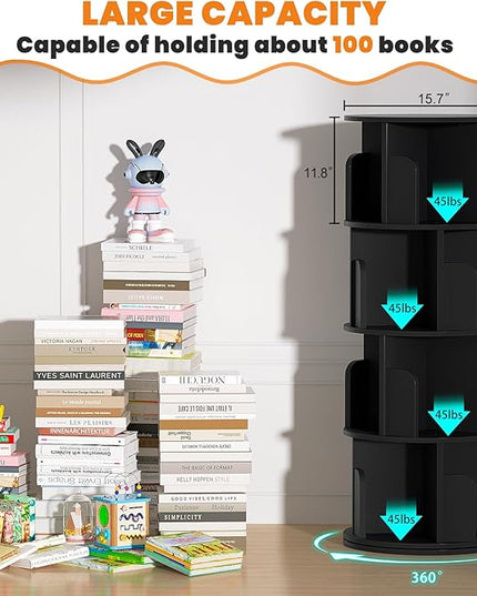 Rotating Bookshelf, Wood Corner Bookshelf, 360 Display Spinning Bookcase Storage Rack, 4 Tier Floor Standing Revolving Bookcase Narrow Book Shelf Organizer for Small Space, Bedroom, Black - LeafyLoom