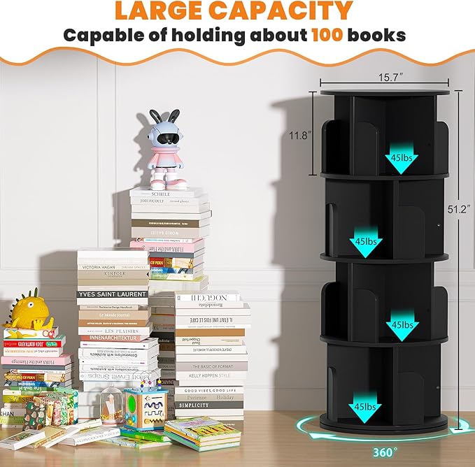 Rotating Bookshelf, Wood Corner Bookshelf, 360 Display Spinning Bookcase Storage Rack, 4 Tier Floor Standing Revolving Bookcase Narrow Book Shelf Organizer for Small Space, Bedroom, Black - LeafyLoom