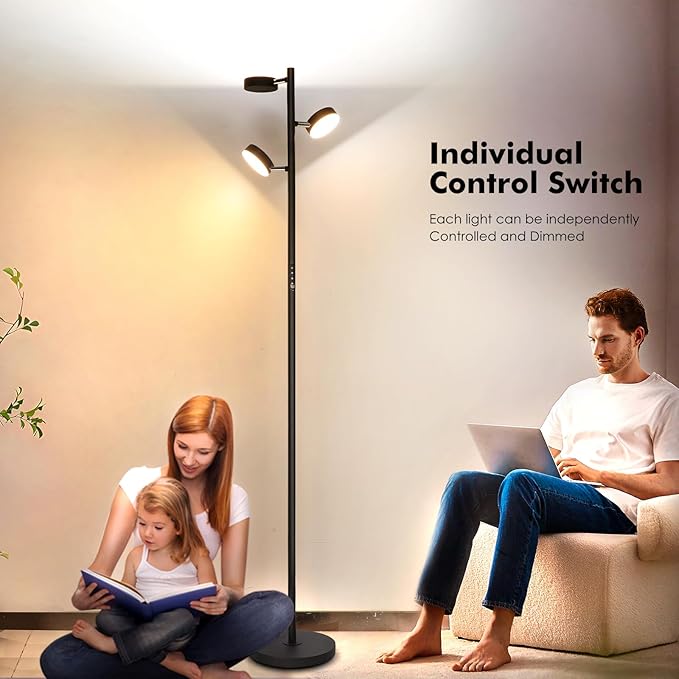 LED Tree Floor Lamp, 30W Dimmable Tall Standing Lamp with Remote & Touch Control, 3000K-6000K 4 Color Temperatures, 3 Rotatable Lights Floor Lamps for Living Room, Bedroom, Office - LeafyLoom