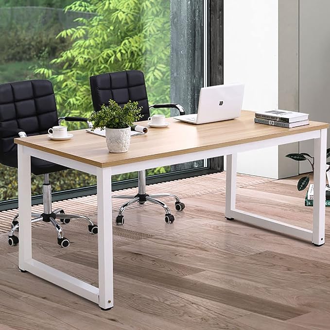 NSdirect Modern Computer Desk 63 Inch Large Office Desk, Writing Study Table for Home Office Desk Workstation Wide Metal Sturdy Frame Thicker Steel Legs, White - LeafyLoom