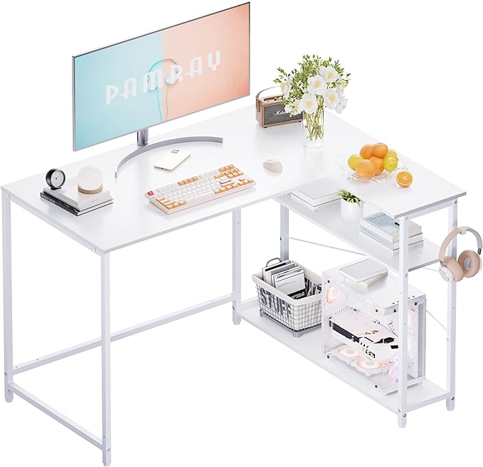 Pamray 43 Inch L Shaped Computer Desk with Reversible Side Storage Shelves, Small Corner Desk for Small Space Home Office,Writing Study Table PC Desk for Bedroom,White - LeafyLoom