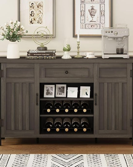 FATORRI Industrial Buffet Cabinet with Storage, Farmhouse Sideboard Cabinet with Wine Rack, Rustic Wood Coffee Bar Cabinet for Kitchen (55.12 Inch, Walnut Brown) - LeafyLoom