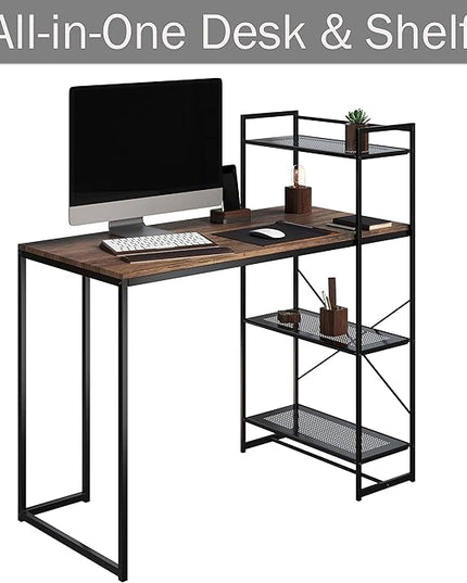 Lavish Home 80 BLT-SHF All-in-One Computer Desk with Shelves for Home Office, Bedroom, or Craft Table, Rustic Brown & Black - LeafyLoom