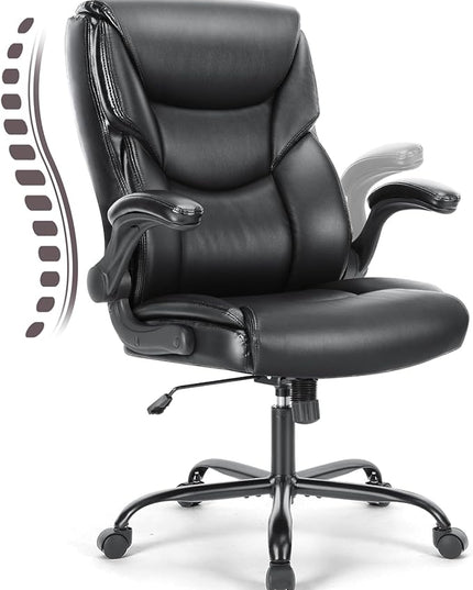 Office Chair - Ergonomic Executive Computer Desk Chairs with Adjustable Flip-up Armrest, Swivel Task Chair with Lumbar Support, Strong Metal Base, PU Leather, Black - LeafyLoom
