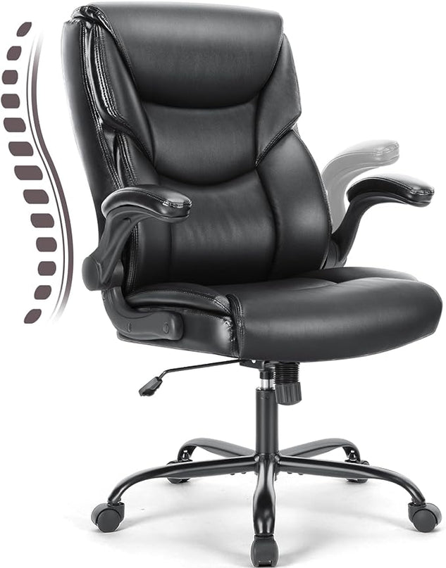 JHK Leather Office Chair with Flip Up Arms, Executive High Back Big and Tall Desk Chairs with Ergonomic Lumbar Support, Adjustable Height,Wheels, Soft Padded, Black - LeafyLoom