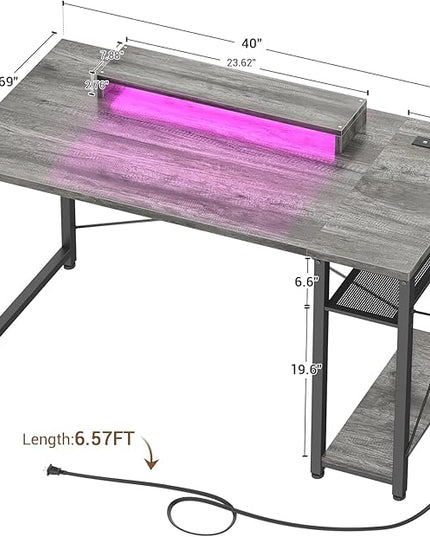 armocity Computer Desk with LED Lights, Gaming Desk with Power Outlet and USB, 40 Reversible Laptop Table with Moveable Monitor Stand, Small Desk for Small Spaces, Office, Gaming Room, Grey - LeafyLoom