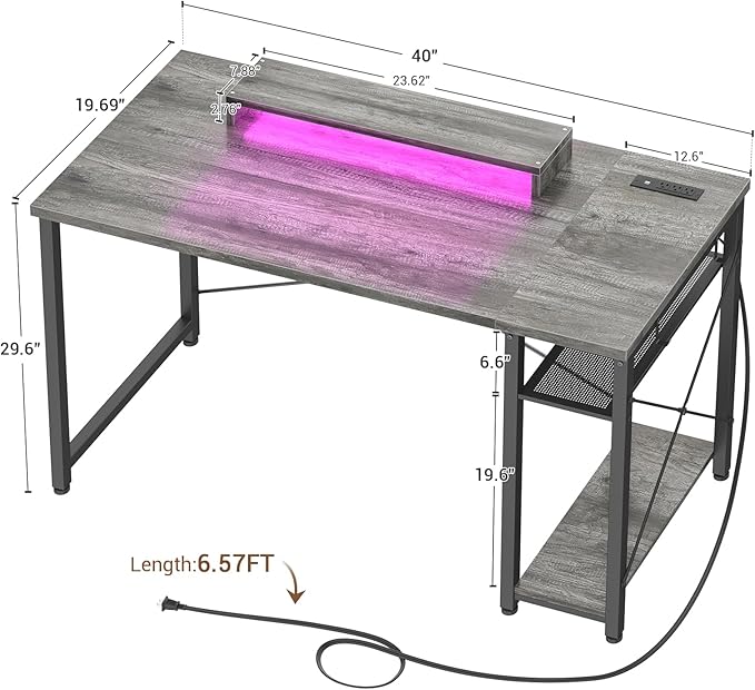 armocity Computer Desk with LED Lights, Gaming Desk with Power Outlet and USB, 40 Reversible Laptop Table with Moveable Monitor Stand, Small Desk for Small Spaces, Office, Gaming Room, Grey - LeafyLoom