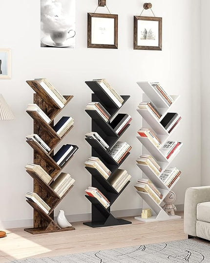 Function Home 9 Tier Tree Bookshelf, Modern Tall Geometric Bookcase, Freestanding Book Shelf, Wood Floor Storage Shelf for Living Room, Bedroom, Home Office,Rustic Brown - LeafyLoom