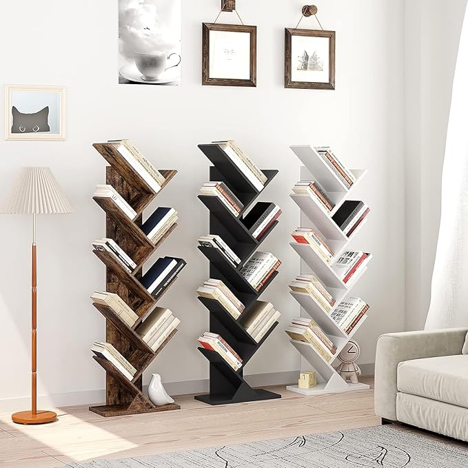 Function Home 9 Tier Tree Bookshelf, Modern Tall Geometric Bookcase, Freestanding Book Shelf, Wood Floor Storage Shelf for Living Room, Bedroom, Home Office,Rustic Brown - LeafyLoom