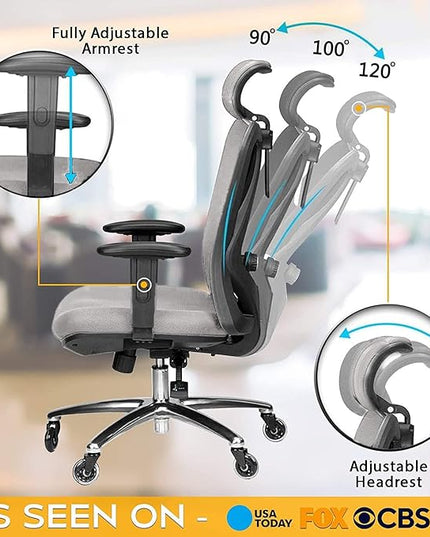 Duramont Ergonomic Office Chair with Adjustable Lumbar Support, High, Head and Arm Rests Back Pain Chairs with Breathable Mesh - Thick Seat Cushion, Reclines Desk Chair Rollerblade Wheels GREY - LeafyLoom