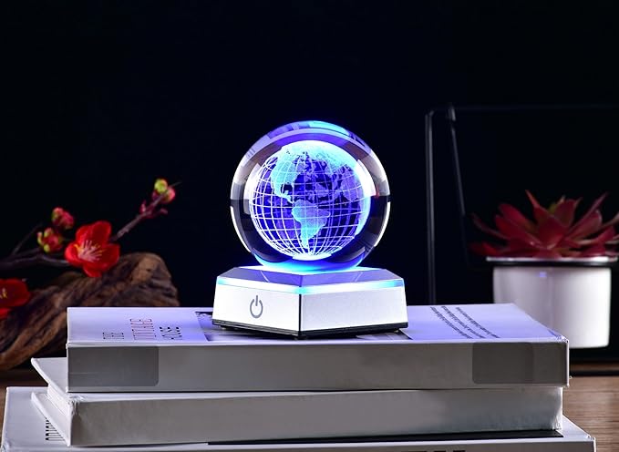 3D Crystal Ball Earth Model, with Led Stand, 3.15'' Globe World Map Planets Glass Ball Decor, Engraved Crystal Sphere with Gift Box, 6 Color Light, Romantic Gifts for Kids Friends - LeafyLoom