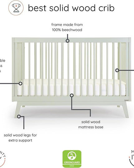 dadada Baby Soho 3-in-1 Convertible Crib to Toddler Bed – Wooden Crib Made in Italy, GREENGUARD Gold Certified Small Baby Crib – Baby-Safe Finish, Modern Design (Sage) - LeafyLoom
