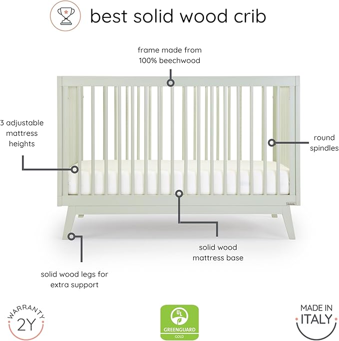 dadada Baby Soho 3-in-1 Convertible Crib to Toddler Bed – Wooden Crib Made in Italy, GREENGUARD Gold Certified Small Baby Crib – Baby-Safe Finish, Modern Design (Sage) - LeafyLoom