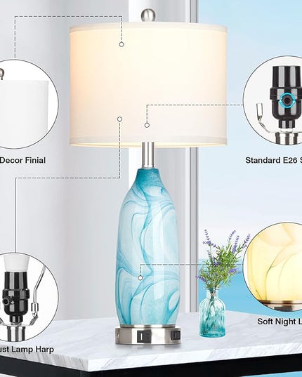 26" Coastal Table Lamps Set of 2, Modern Table Lamps with USB A+C Ports & AC Outlet, Touch Control Glass Bedside Nightstand Lamp with Night Light for Living Room Bedroom End Table Blue(Bulbs Included) - LeafyLoom