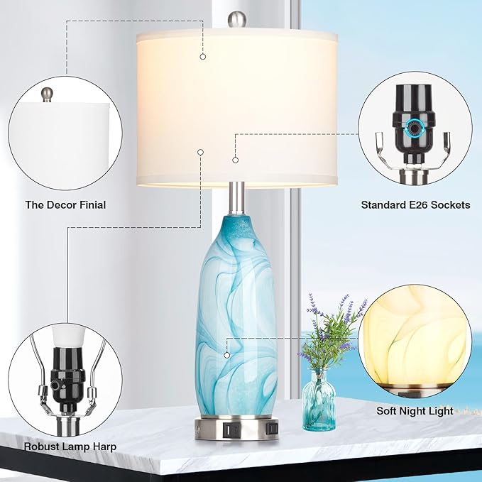 26" Coastal Table Lamps Set of 2, Modern Table Lamps with USB A+C Ports & AC Outlet, Touch Control Glass Bedside Nightstand Lamp with Night Light for Living Room Bedroom End Table Blue(Bulbs Included) - LeafyLoom