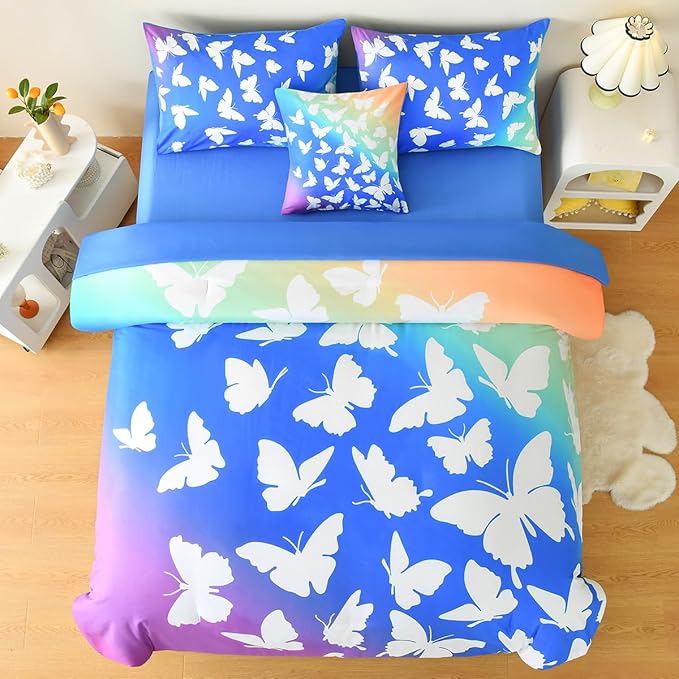 Butterfly Bedding Set Full, Blue Butterfly Comforter Set for Girls Kids Teens 6 pcs Bed in a Bag Full Bedding Sets for Girls - LeafyLoom