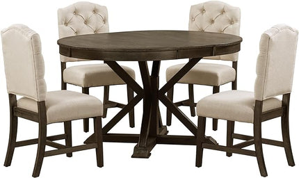5 Piece Functional Furniture Retro Style Set with Extendable Table and 4 Upholstered Chairs for Dining, Living Room, Espresso+Light Beige - LeafyLoom
