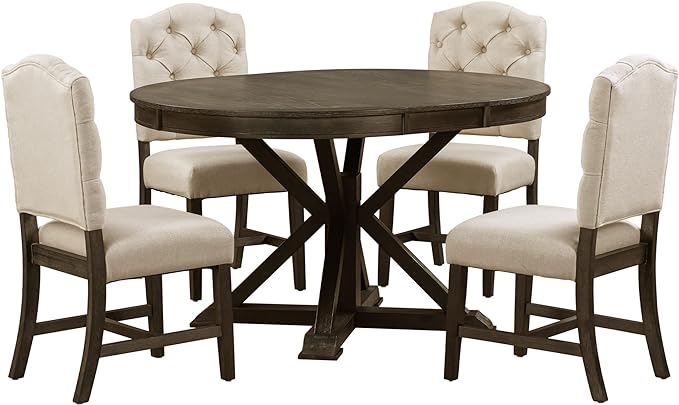 5 Piece Functional Furniture Retro Style Set with Extendable Table and 4 Upholstered Chairs for Dining, Living Room, Espresso+Light Beige - LeafyLoom