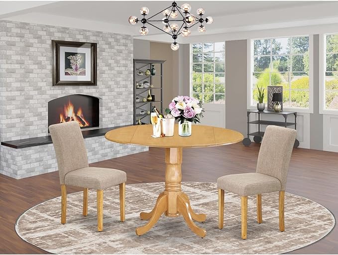 East West Furniture DLAB3-OAK-04 3 Piece Dining Room Furniture Set Contains a Round Dining Table with Dropleaf and 2 Light Tan Linen Fabric Parsons Chairs, 42x42 Inch, Oak - LeafyLoom